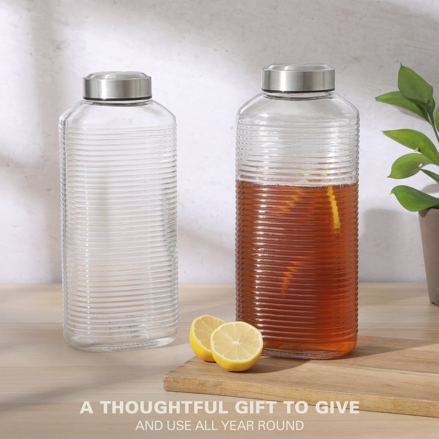 Gibson Home Aspen Heights 2 Piece Large Embossed Reusable Glassed Bottles W/ Airtight Leakproof Stainless Steel Lid, Pitcher for Water, Milk, Juice - Dishwasher Safe