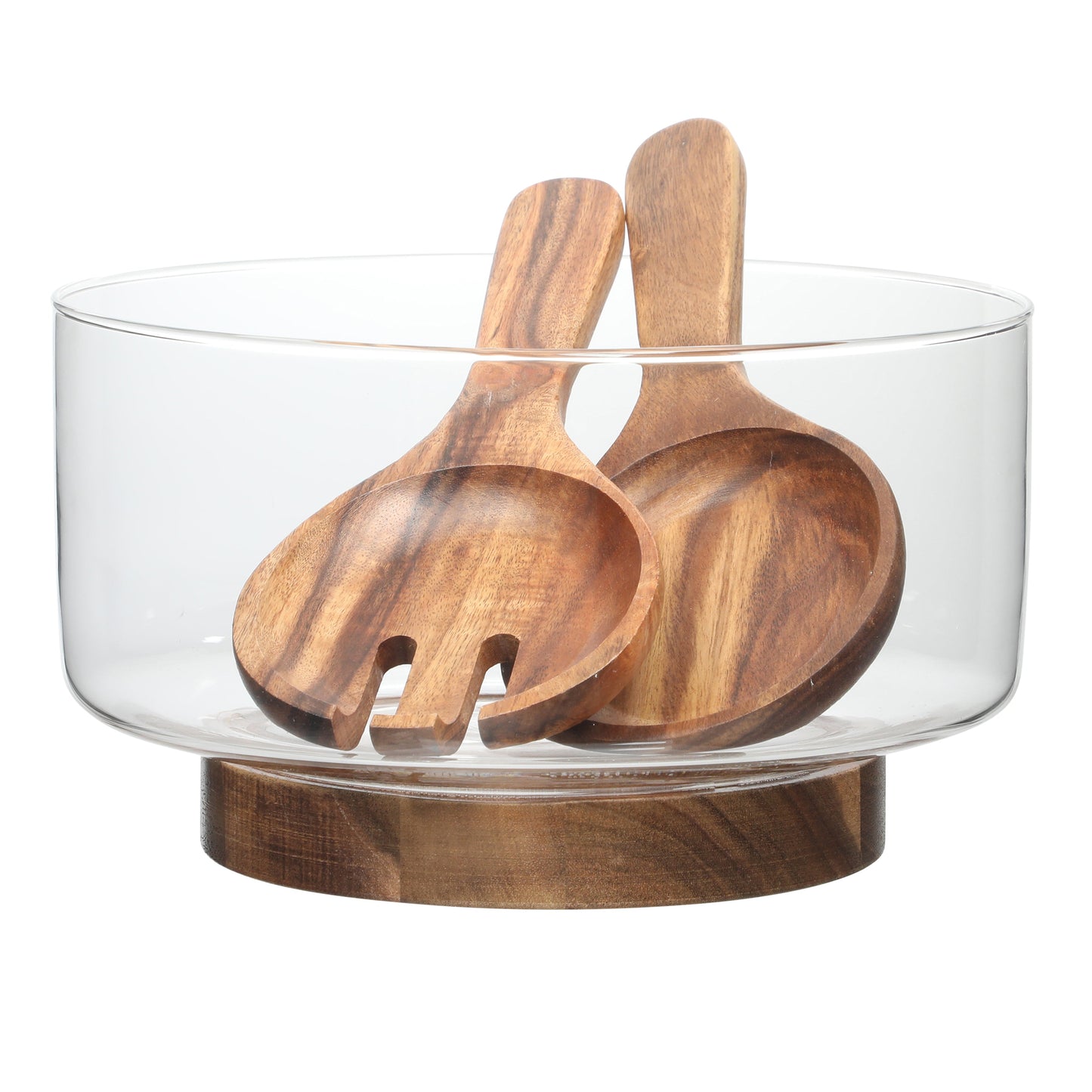 Gibson Elite Wildgreens Large Glass Salad Bowl Set with Acacia Serving Utensils