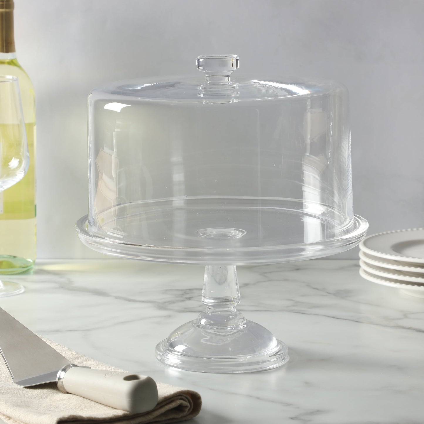 Martha Stewart Watercrest Glass Cake Stand with Dome, 10.2 Inch Clear Footed Pedestal Cake Stand with Glass Lid Cover, Handmade Glassware