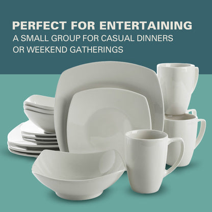 Gibson Home Zen Buffet 16-Piece Porcelain Dinnerware Set, Square Plates & Bowls, Service for 4, White