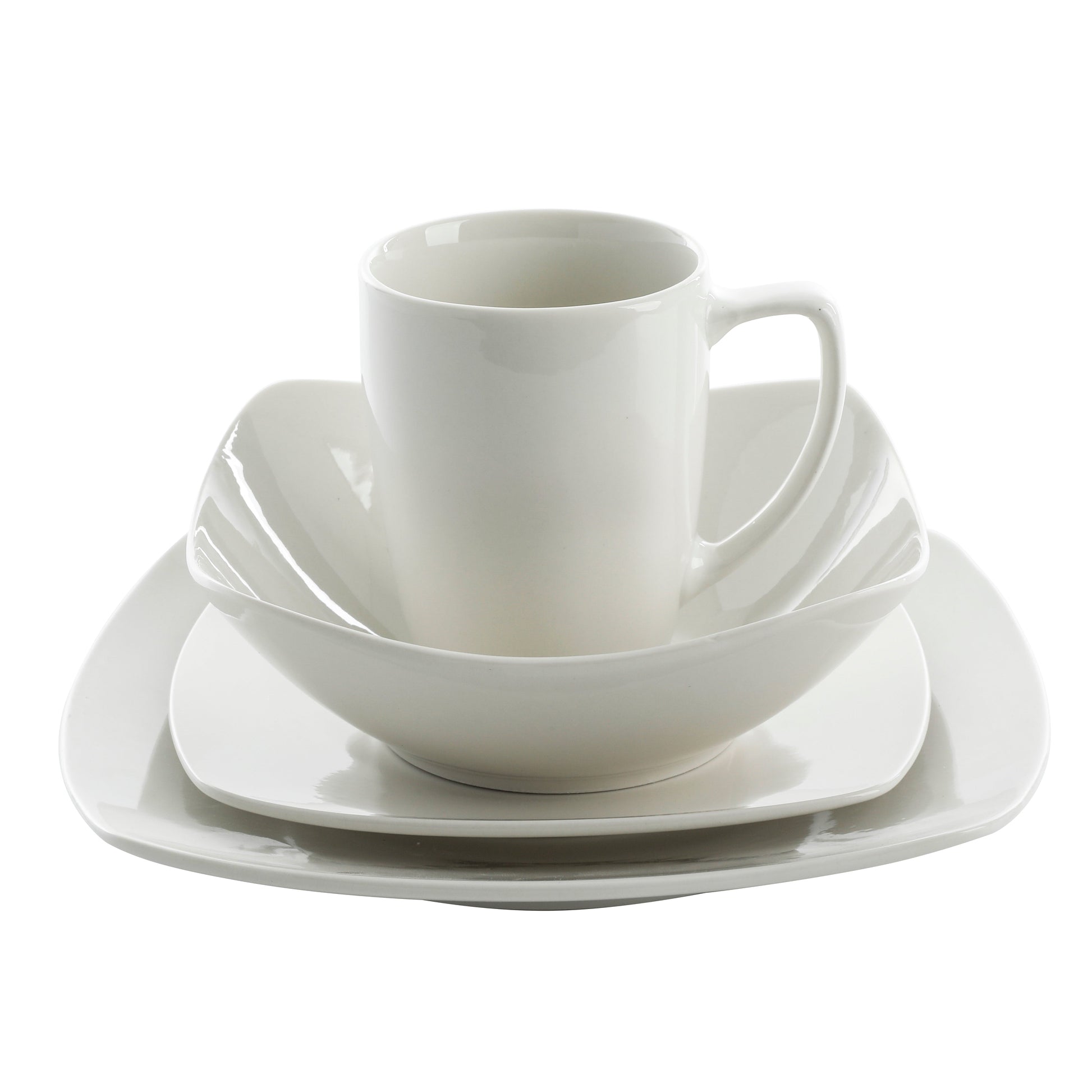Gibson Home Zen Buffet 16-Piece Porcelain Dinnerware Set, Square Plates & Bowls, Service for 4, White