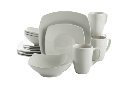 Gibson Home Zen Buffet 16-Piece Porcelain Dinnerware Set, Square Plates & Bowls, Service for 4, White