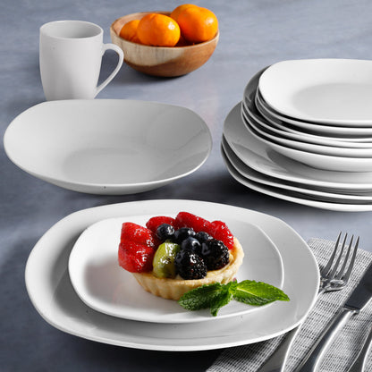 Gibson Home Zen Buffet 16-Piece Porcelain Dinnerware Set, Square Plates & Bowls, Service for 4, White