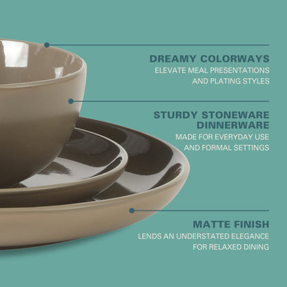 Gibson Home Rockaway 12 Piece Plates and Bowls Matte Outside/Shiny Inside Glaze Service for 4 Dinnerware Set - Brown - Dishwasher and Microwave Safe