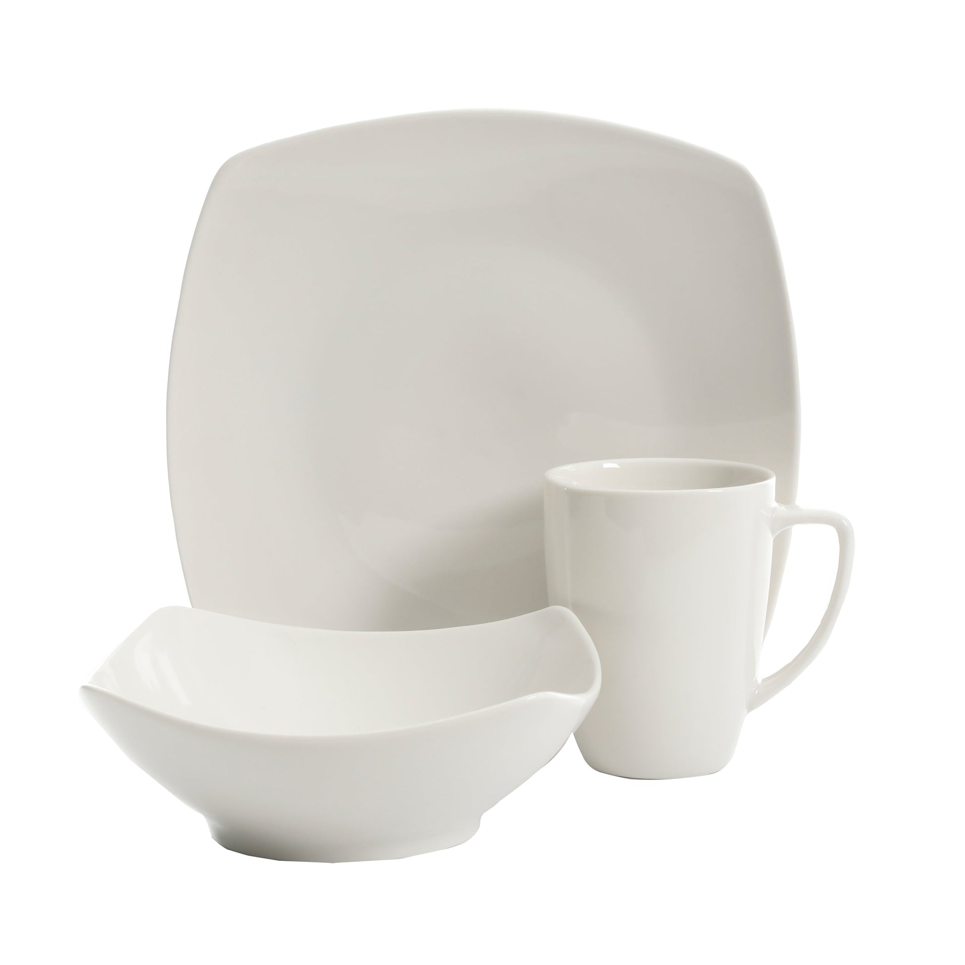 Gibson Home Zen Buffet 12-Piece Porcelain Dinnerware Set, Square Plates & Bowls & Mugs, Service for 4, White