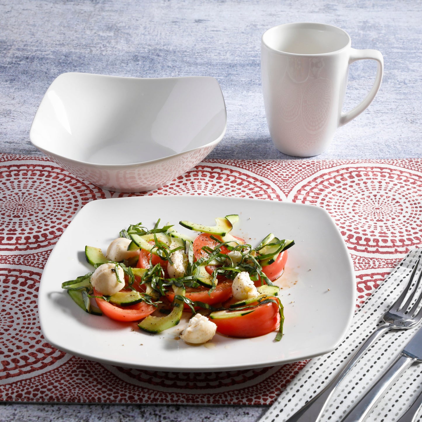 Gibson Home Zen Buffet 12-Piece Porcelain Dinnerware Set, Square Plates & Bowls & Mugs, Service for 4, White