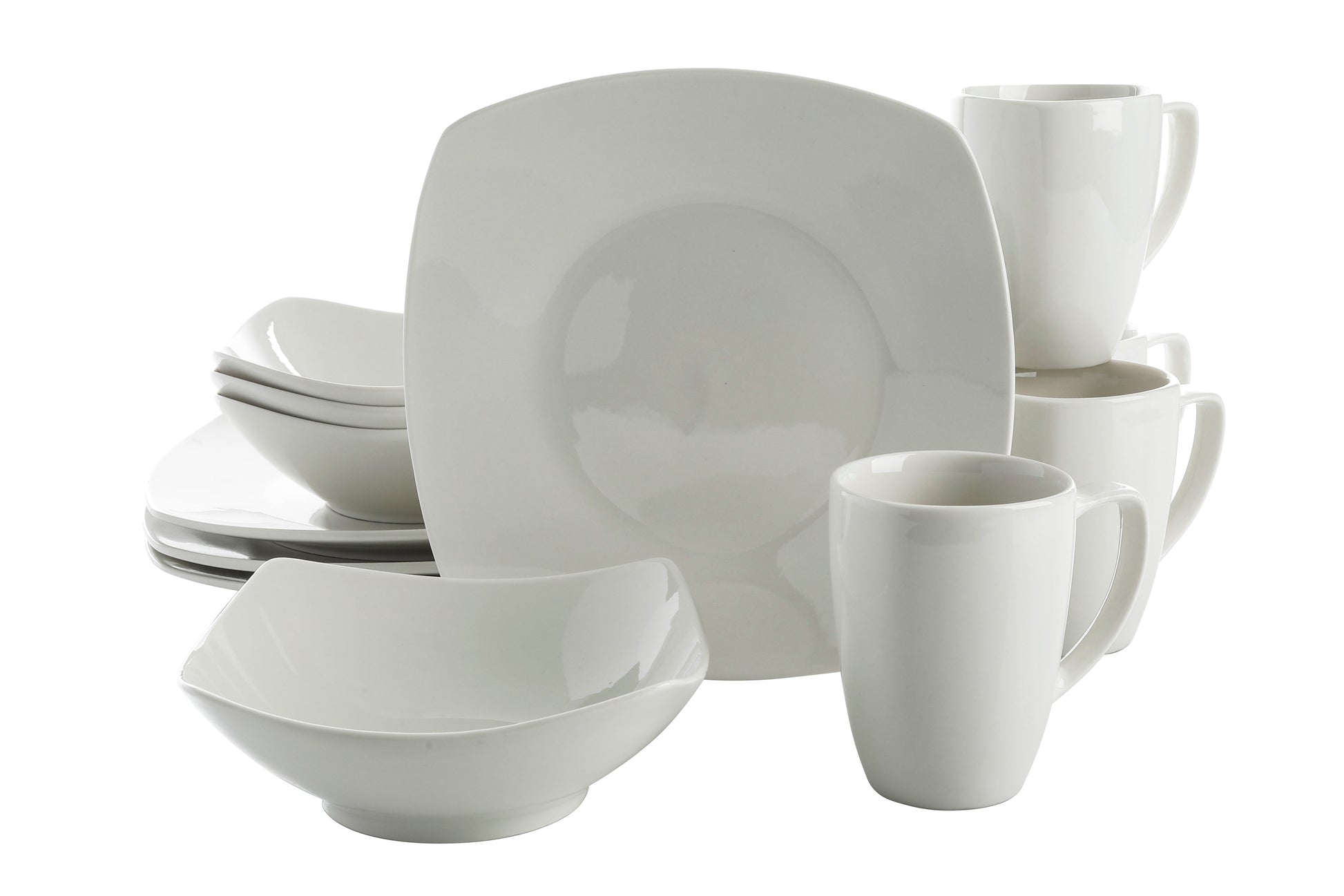 Gibson Home Zen Buffet 12-Piece Porcelain Dinnerware Set, Square Plates & Bowls & Mugs, Service for 4, White