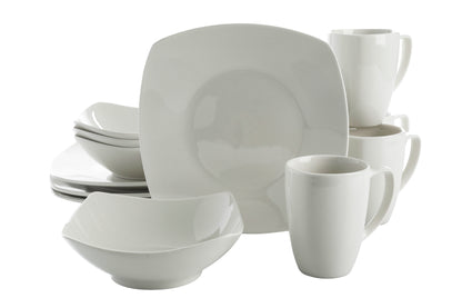 Gibson Home Zen Buffet 12-Piece Porcelain Dinnerware Set, Square Plates & Bowls & Mugs, Service for 4, White