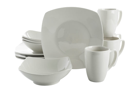 Gibson Home Zen Buffet 12-Piece Porcelain Dinnerware Set, Square Plates & Bowls & Mugs, Service for 4, White