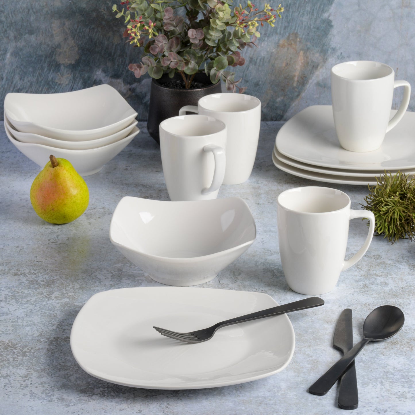 Gibson Home Zen Buffet 12-Piece Porcelain Dinnerware Set, Square Plates & Bowls & Mugs, Service for 4, White