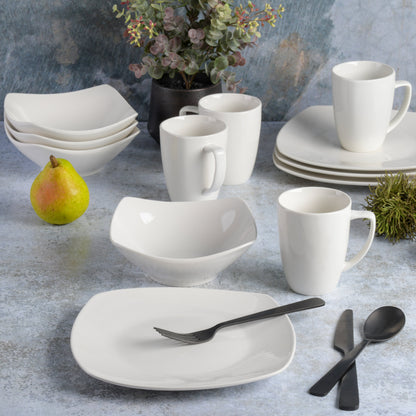 Gibson Home Zen Buffet 12-Piece Porcelain Dinnerware Set, Square Plates & Bowls & Mugs, Service for 4, White