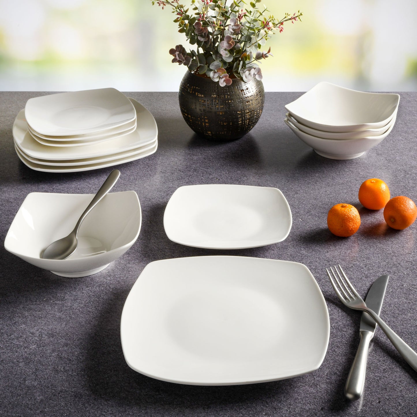 Gibson Home Everyday Square 12-Piece Fine Ceramic Dinnerware Set
