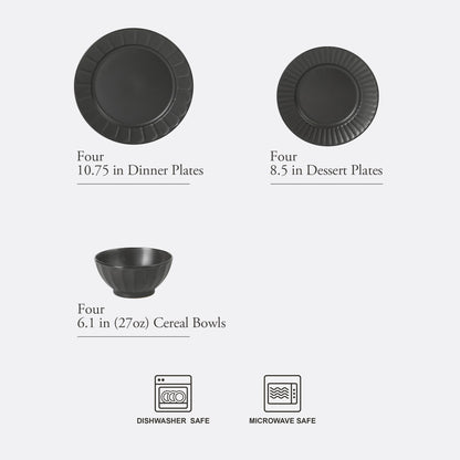 Gibson Elite Winchester Way 12-Piece Embossed Stoneware Dinnerware Set – Reactive Matte Glaze, Durable Lightweight-Tech Plates & Bowls, Everyday Dish Set, Microwave & Dishwasher Safe – Off-White