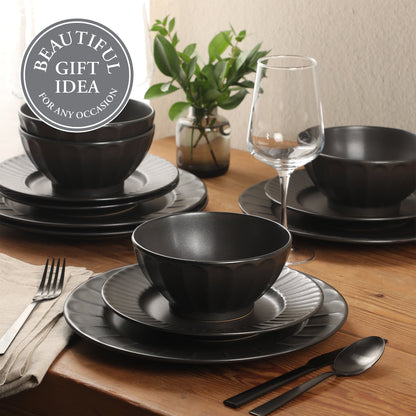 Gibson Elite Winchester Way 12-Piece Embossed Stoneware Dinnerware Set – Reactive Matte Glaze, Durable Lightweight-Tech Plates & Bowls, Everyday Dish Set, Microwave & Dishwasher Safe – Off-White