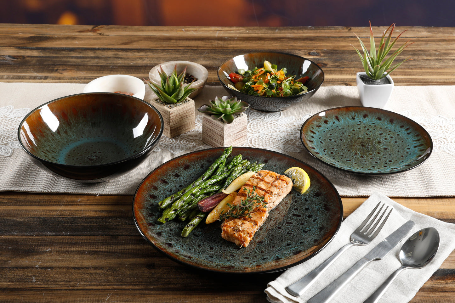Gibson Elite Kyoto 16-Piece Double Bowl Reactive Stoneware Dinnerware Set - Teal