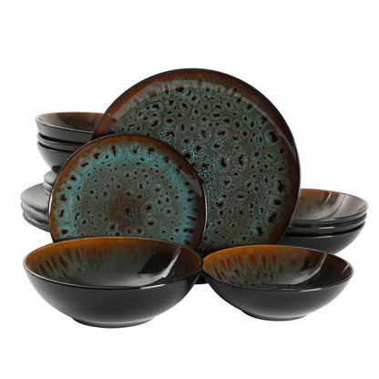 Gibson Elite Kyoto 16-Piece Double Bowl Reactive Stoneware Dinnerware Set - Teal
