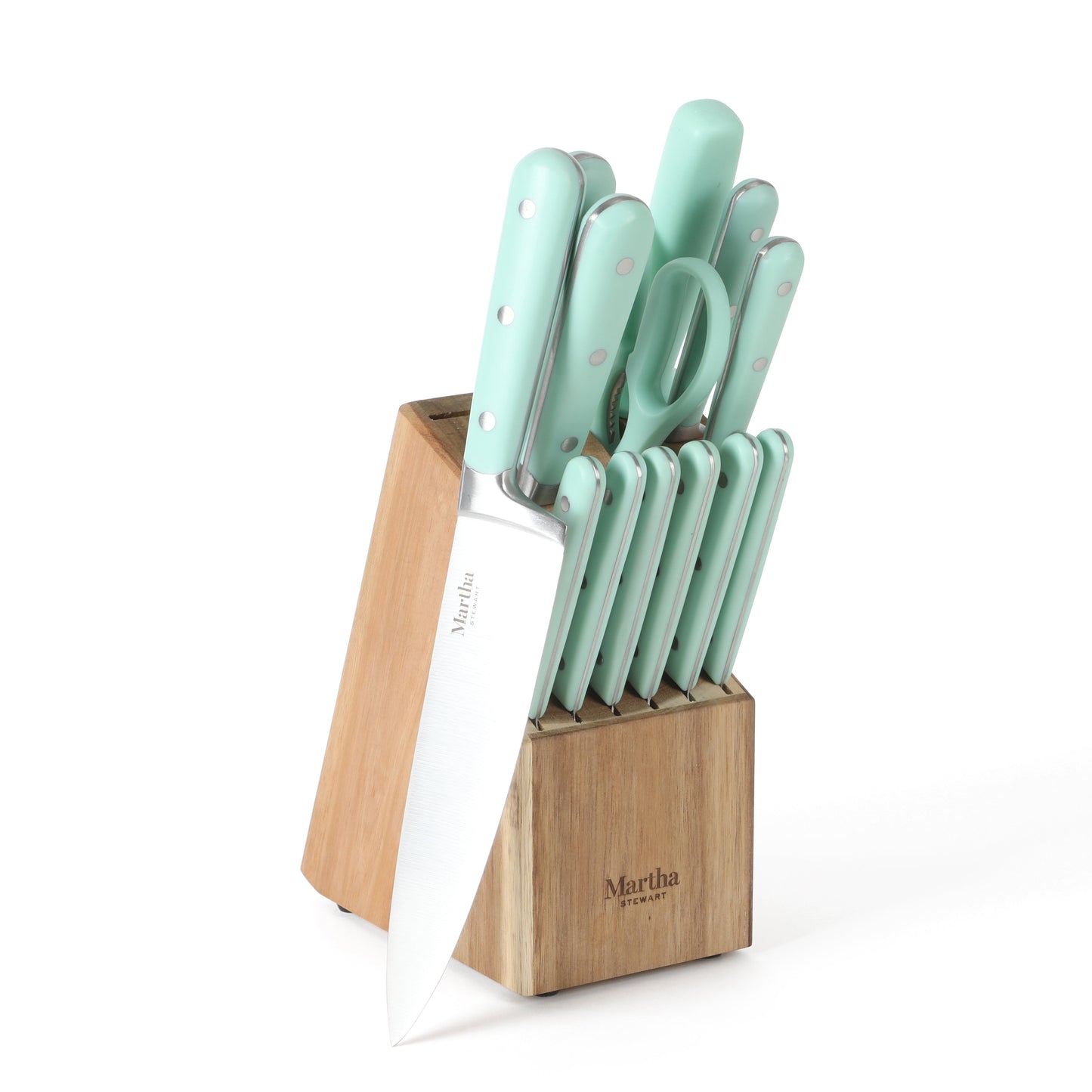 Martha Stewart Eastwalk 14-Piece Stainless Steel Cutlery Set w/ ABS Triple Riveted Forged Handle Acacia Wood Block