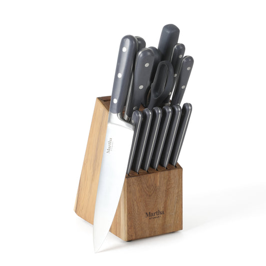 Martha Stewart Eastwalk 14-Piece Stainless Steel Cutlery Set w/ ABS Triple Riveted Forged Handle Acacia Wood Block
