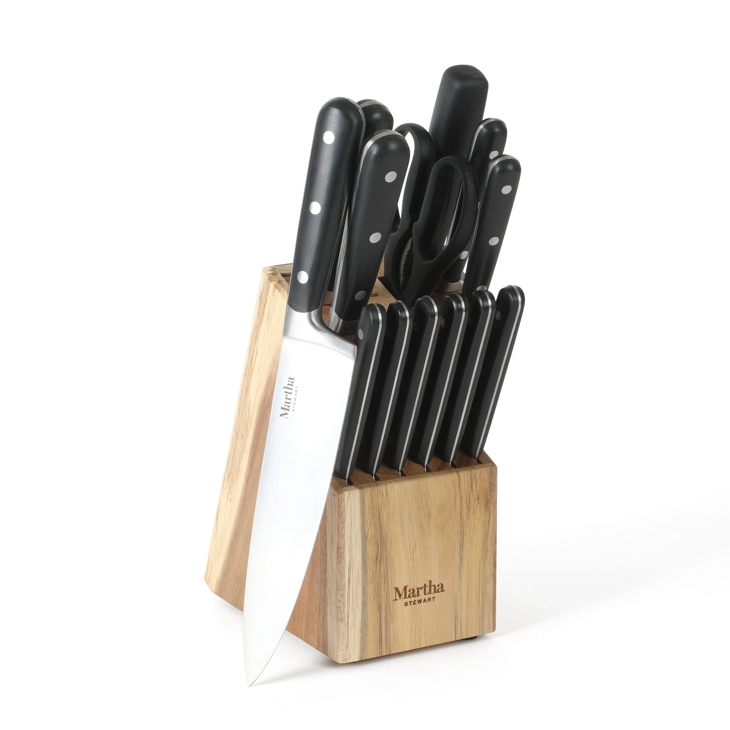 Martha Stewart Eastwalk 14-Piece Stainless Steel Cutlery Set w/ ABS Triple Riveted Forged Handle Acacia Wood Block