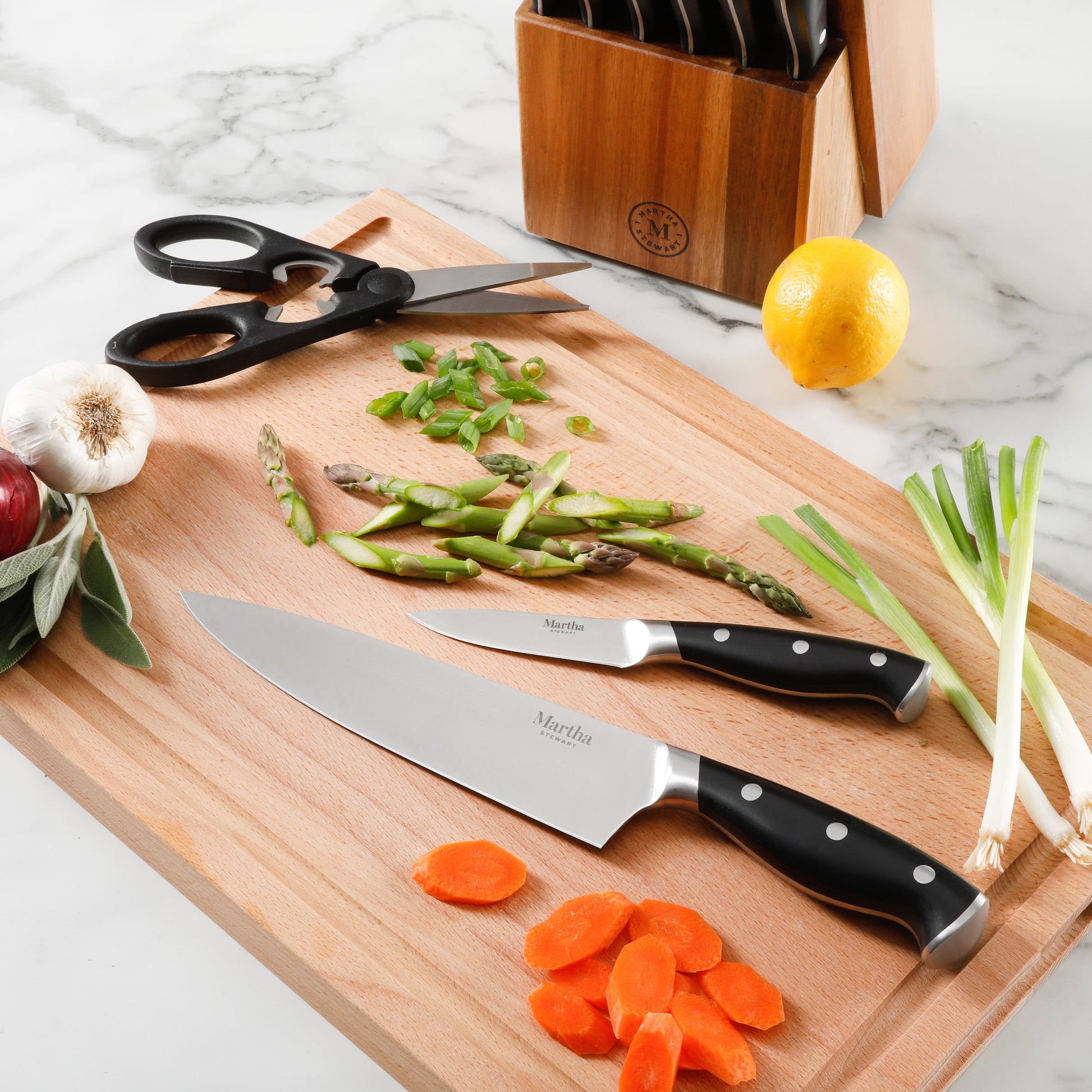 Martha Stewart Greeley 14-Piece Triple-Riveted Cutlery Knife Acacia Wood Block Set w/ Comfort Grip Handles
