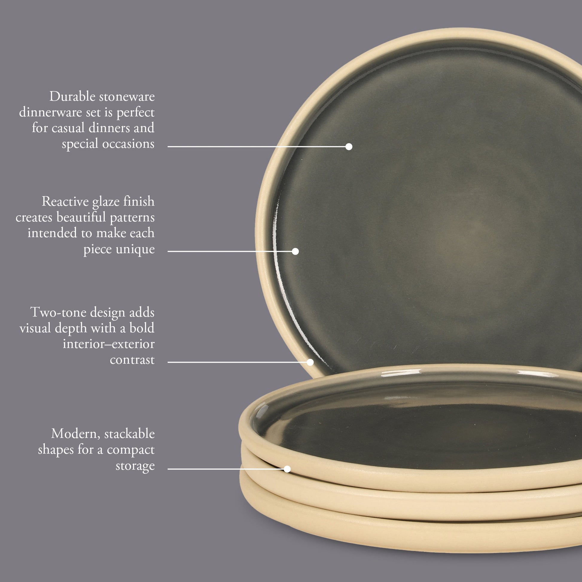 Gibson Elite - Made in Portugal - Port Gaia 10.2 Inch Dinner Plates Set of 4 - Reactive Glaze Dish Set