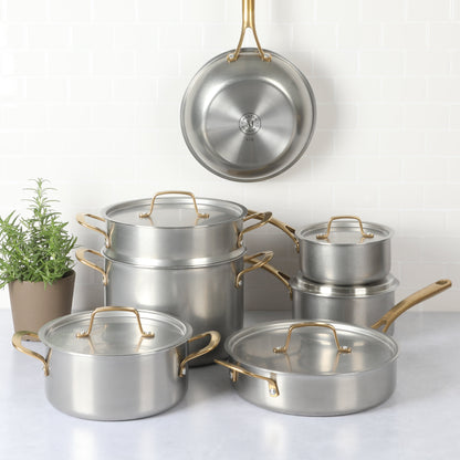 Martha Stewart Vintage 18/8 Tri-ply Stainless Steel 12-Piece Cookware Set w/ Gold Handles