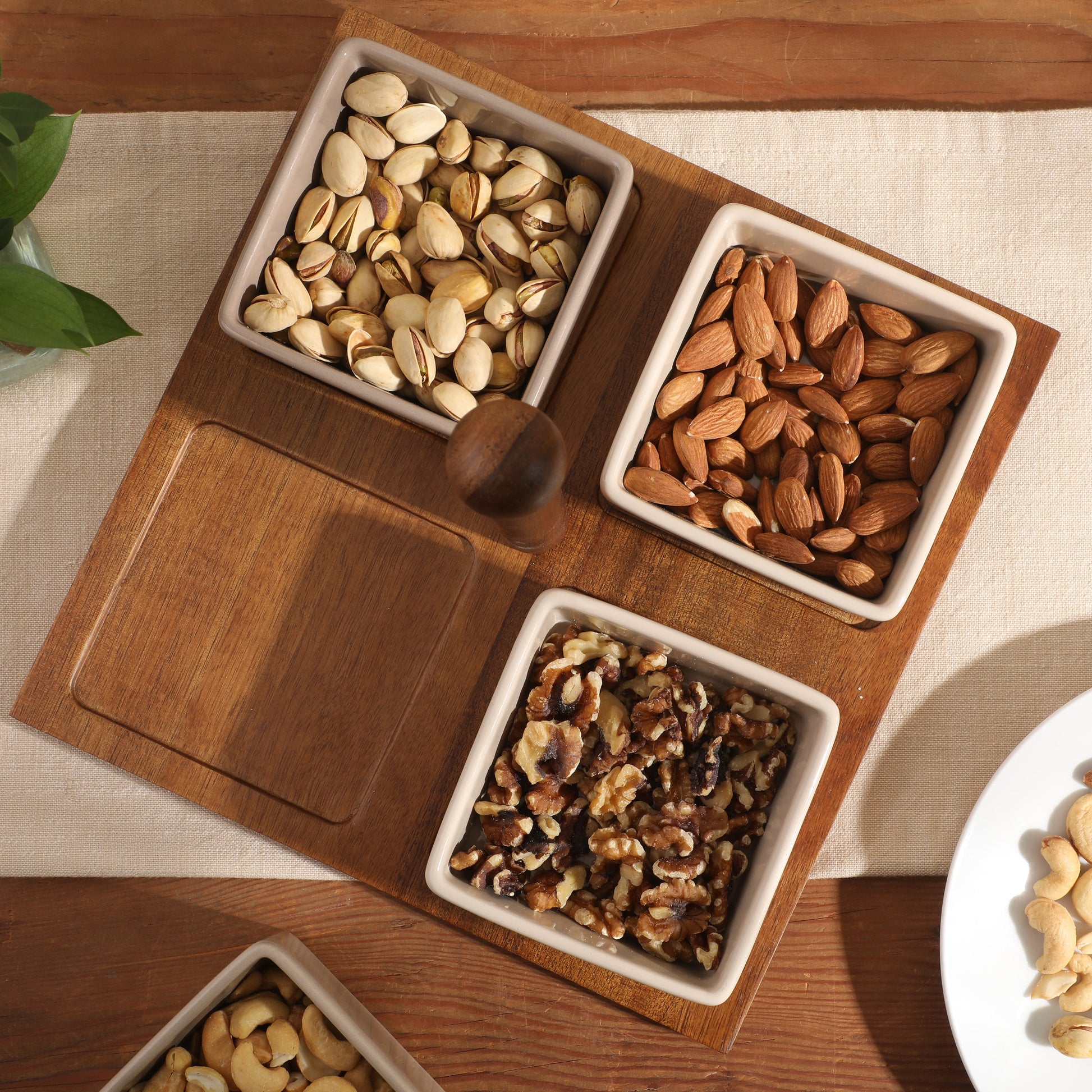 Gibson Elite 4-Piece Stoneware Tidbit, Condiment & Dip Dish Set with Acacia Wood Tray – Taupe Square Appetizer, Snack, Topping & Entertaining Server