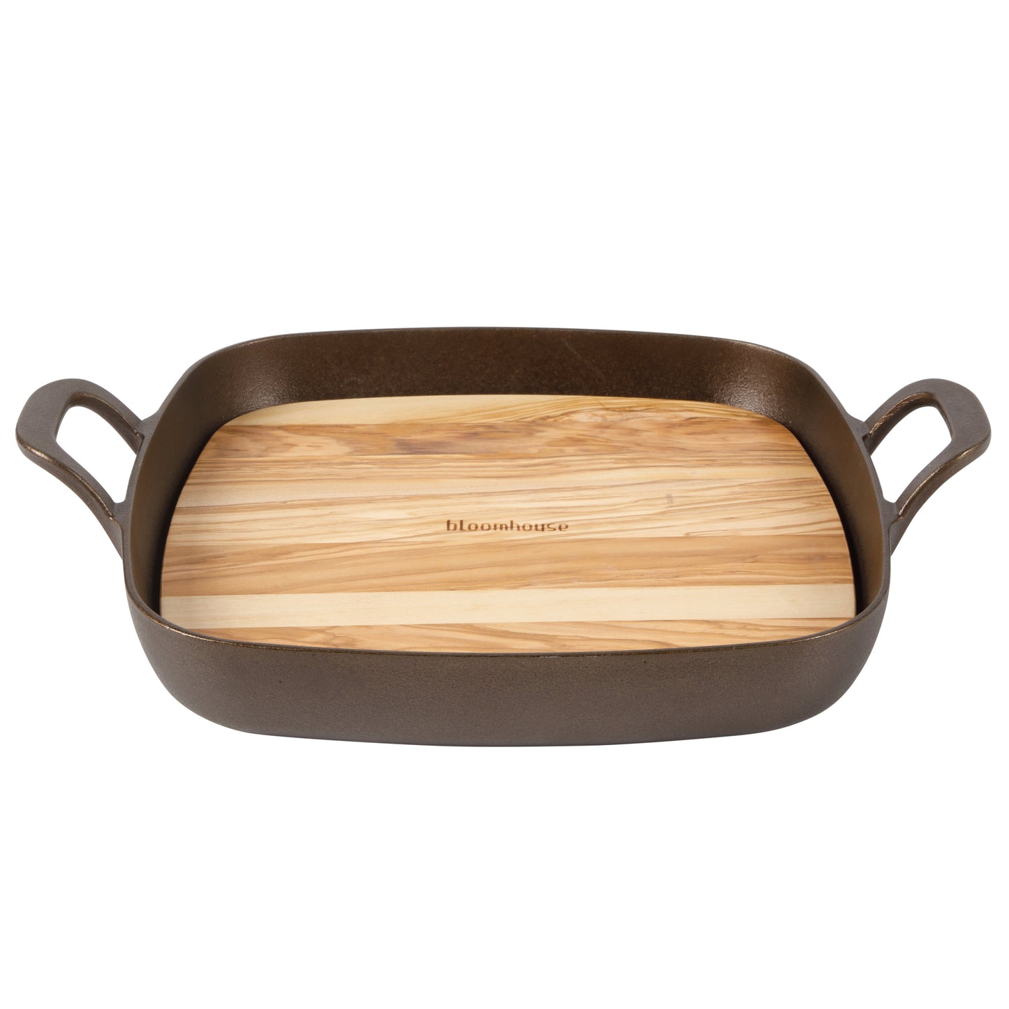 Bloomhouse Natural Bronze Finish 12-Inch Square Cast Iron Grill Pan – Olive Oil Treated Surface with Dual Handles & Olive Wood Trivet, Oven, Grill & Campfire Safe