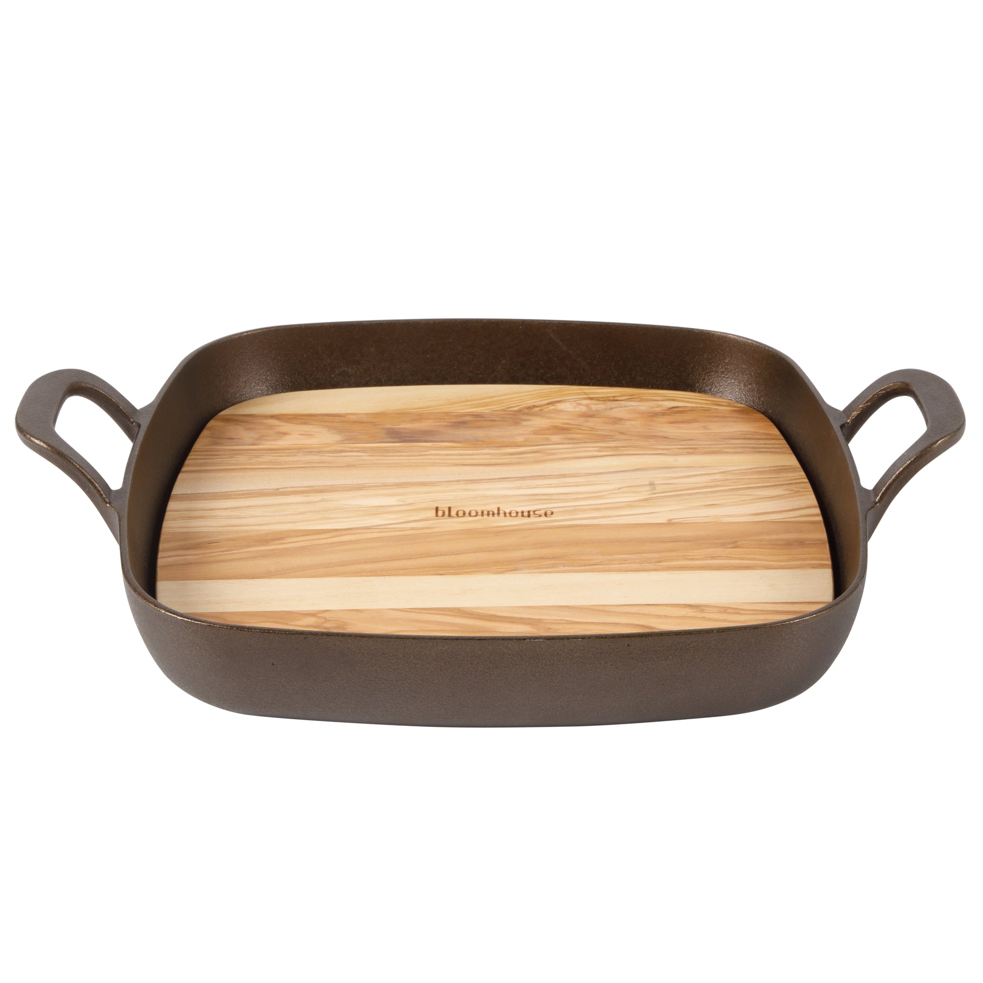 Bloomhouse Natural Bronze Finish 12-Inch Square Cast Iron Grill Pan – Olive Oil Treated Surface with Dual Handles & Olive Wood Trivet, Oven, Grill & Campfire Safe