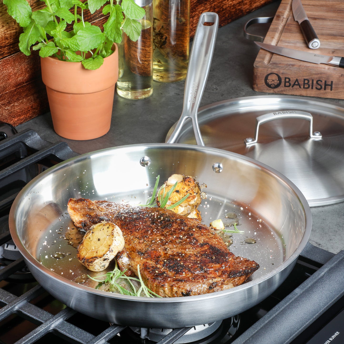 Babish 12 Inch Stainless Steel Triply Professional Grade Fry Pan w/ Stainless Lid