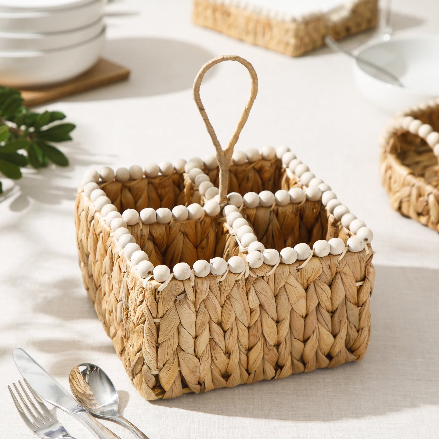 Gibson Home Riverrun Grove Woven Utensil Caddy with 4 Compartments, Natural Hand-Braided Water Hyacinth Basket with Wood-Bead Trim for Napkins, Cutlery, Condiments & Tabletop Storage