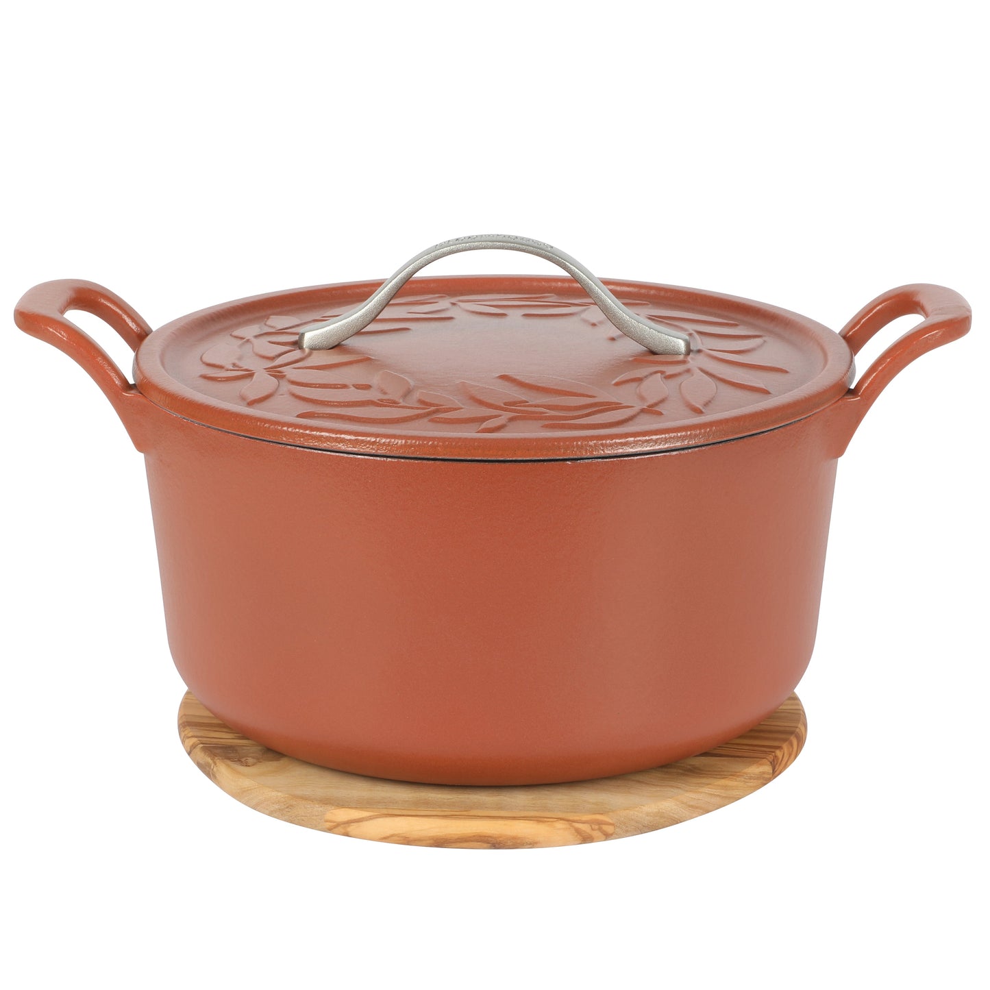 Bloomhouse 7 Qt Cast Iron Dutch Oven W/ Embossed Lid, European Enamel, & Olive Wood Trivet
