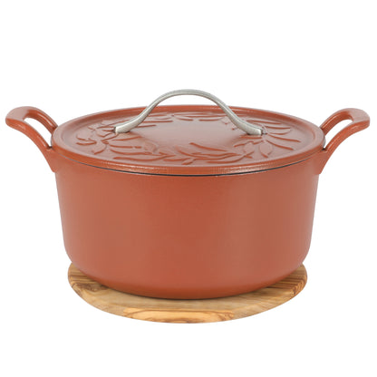 Bloomhouse 7 Qt Cast Iron Dutch Oven W/ Embossed Lid, European Enamel, & Olive Wood Trivet
