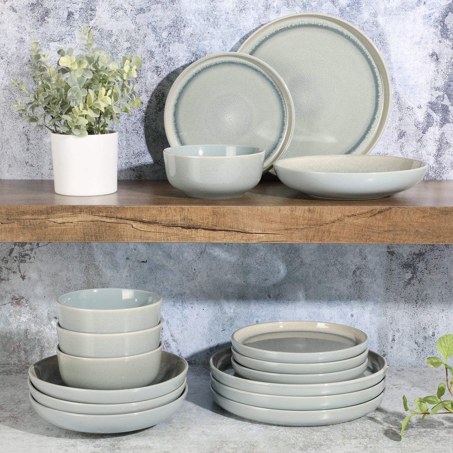 Gibson Elite Juno Moon 16-Piece Double Bowl Reactive Stoneware Dinnerware Set