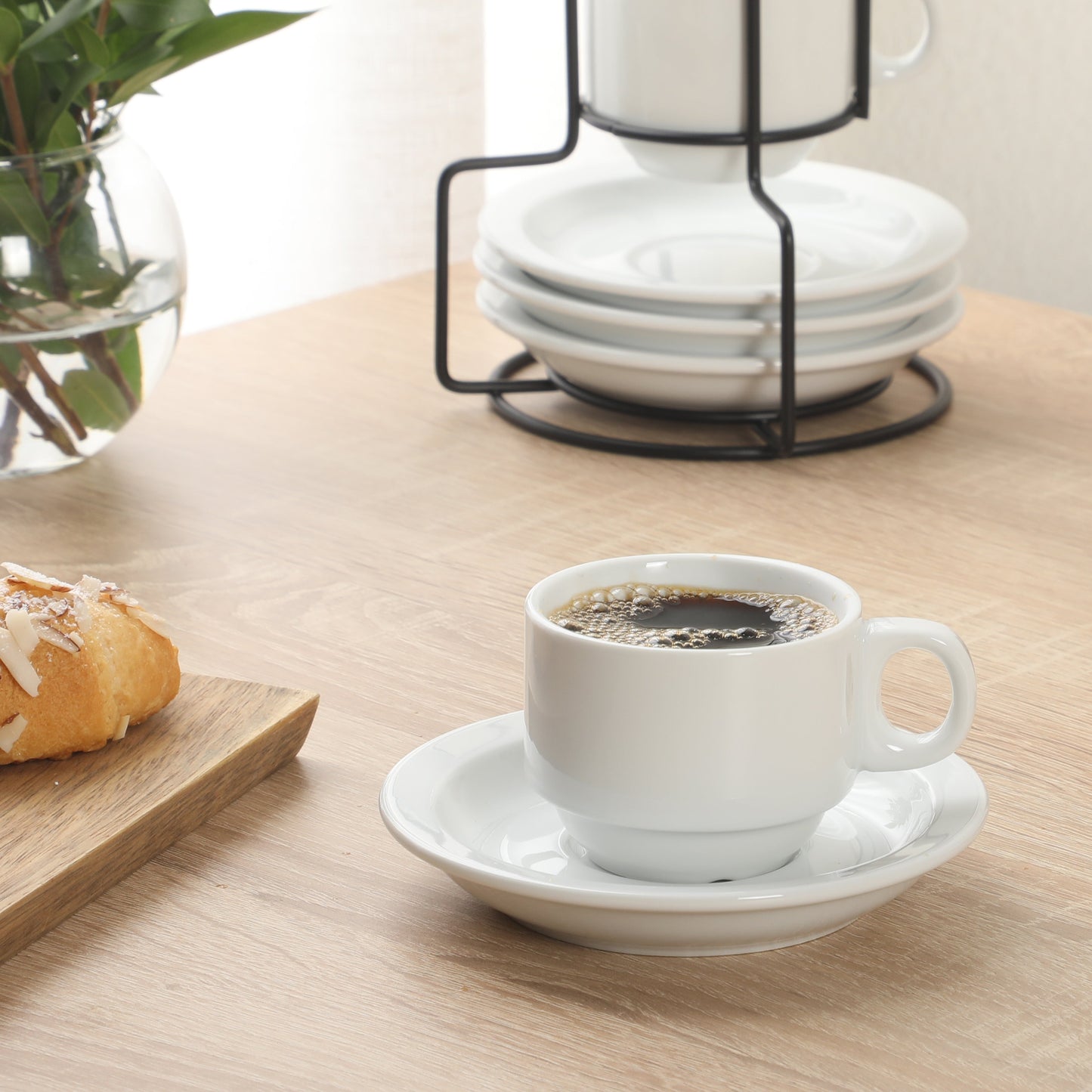 Gibson Home Gracious Dining 3-Ounce Espresso Cups Set of 4, Small Stackable Coffee Cups with 4 Saucers, Metal Stand, Ceramic Demitasse Mugs, Espresso Accessories for Machine