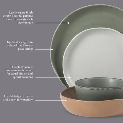 Gibson Elite Menlo Park 16-Piece Pottery Clay Stoneware Dinnerware Set –  Reactive Glaze, Embossed Plates and Bowls W/ Pasta Bowl, Service for 4 – Microwave & Dishwasher Safe