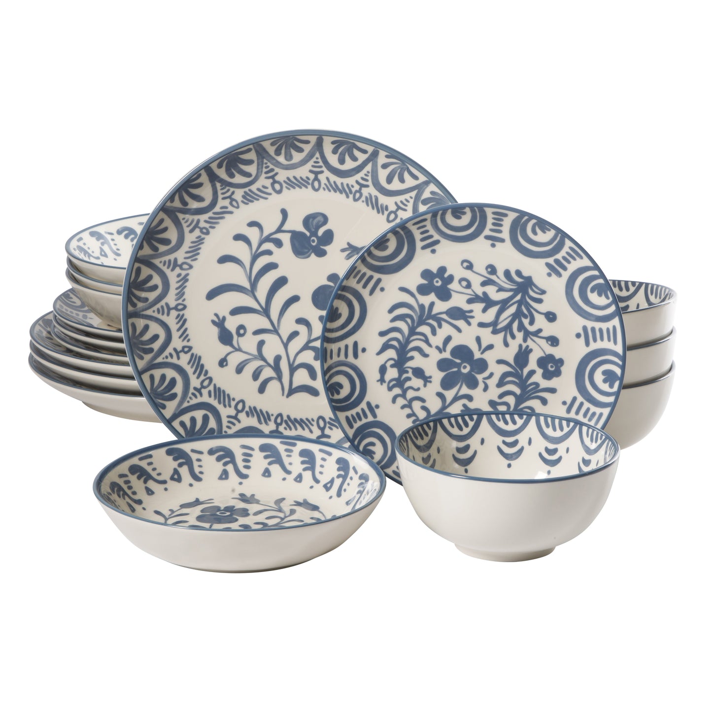 Bloomhouse - 2-Time Oprah’s Favorite Things - Valencia Flor 16 Piece Dinnerware Set, Artisanal Decorated Stoneware Plates & Bowls, Service for 4, Microwave & Dishwasher Safe, Iris Blue