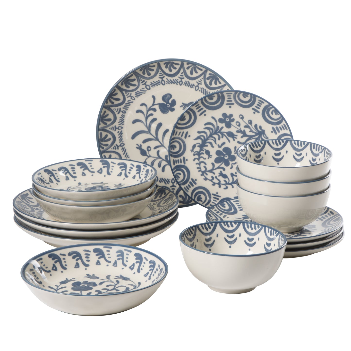 Bloomhouse - 2-Time Oprah’s Favorite Things - Valencia Flor 16 Piece Dinnerware Set, Artisanal Decorated Stoneware Plates & Bowls, Service for 4, Microwave & Dishwasher Safe, Iris Blue