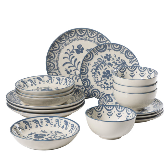 Bloomhouse - 2-Time Oprah’s Favorite Things - Valencia Flor 16 Piece Dinnerware Set, Artisanal Decorated Stoneware Plates & Bowls, Service for 4, Microwave & Dishwasher Safe, Iris Blue