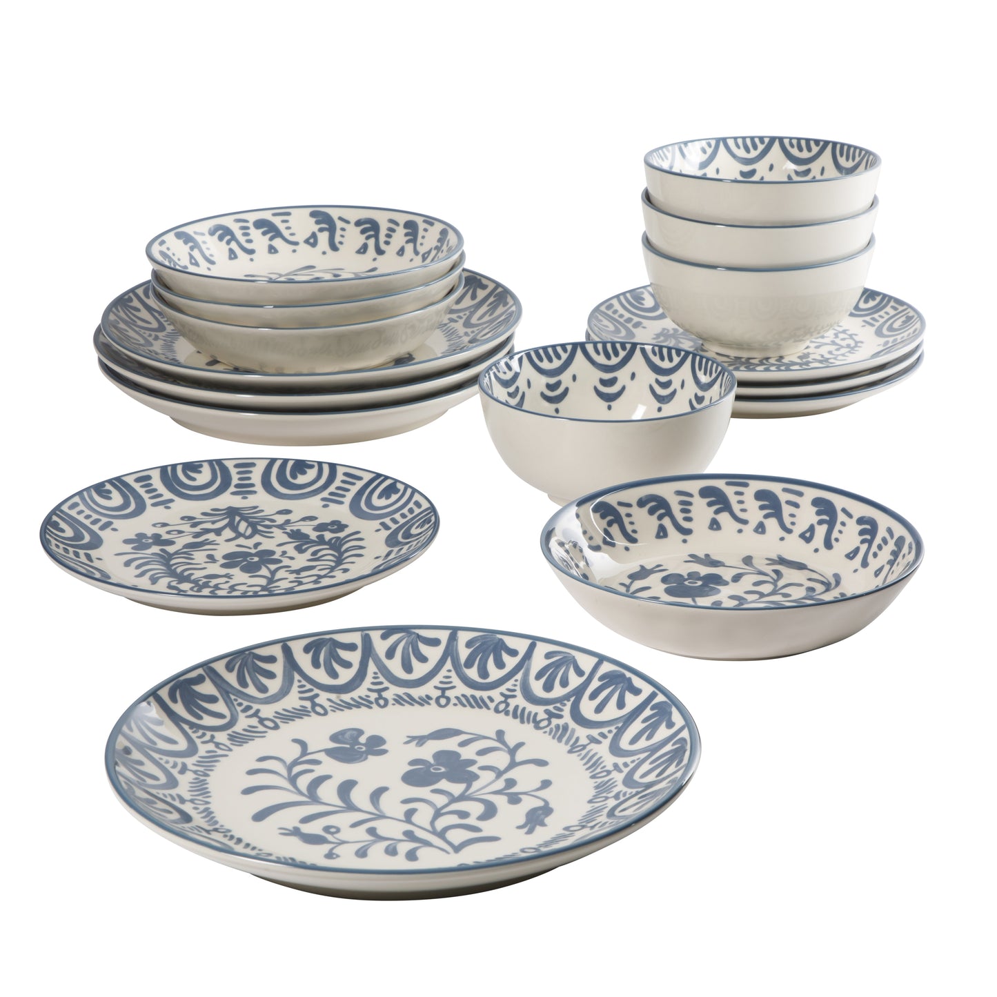 Bloomhouse - 2-Time Oprah’s Favorite Things - Valencia Flor 16 Piece Dinnerware Set, Artisanal Decorated Stoneware Plates & Bowls, Service for 4, Microwave & Dishwasher Safe, Iris Blue
