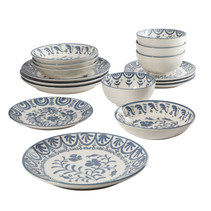Bloomhouse - 2-Time Oprah’s Favorite Things - Valencia Flor 16 Piece Dinnerware Set, Artisanal Decorated Stoneware Plates & Bowls, Service for 4, Microwave & Dishwasher Safe, Iris Blue