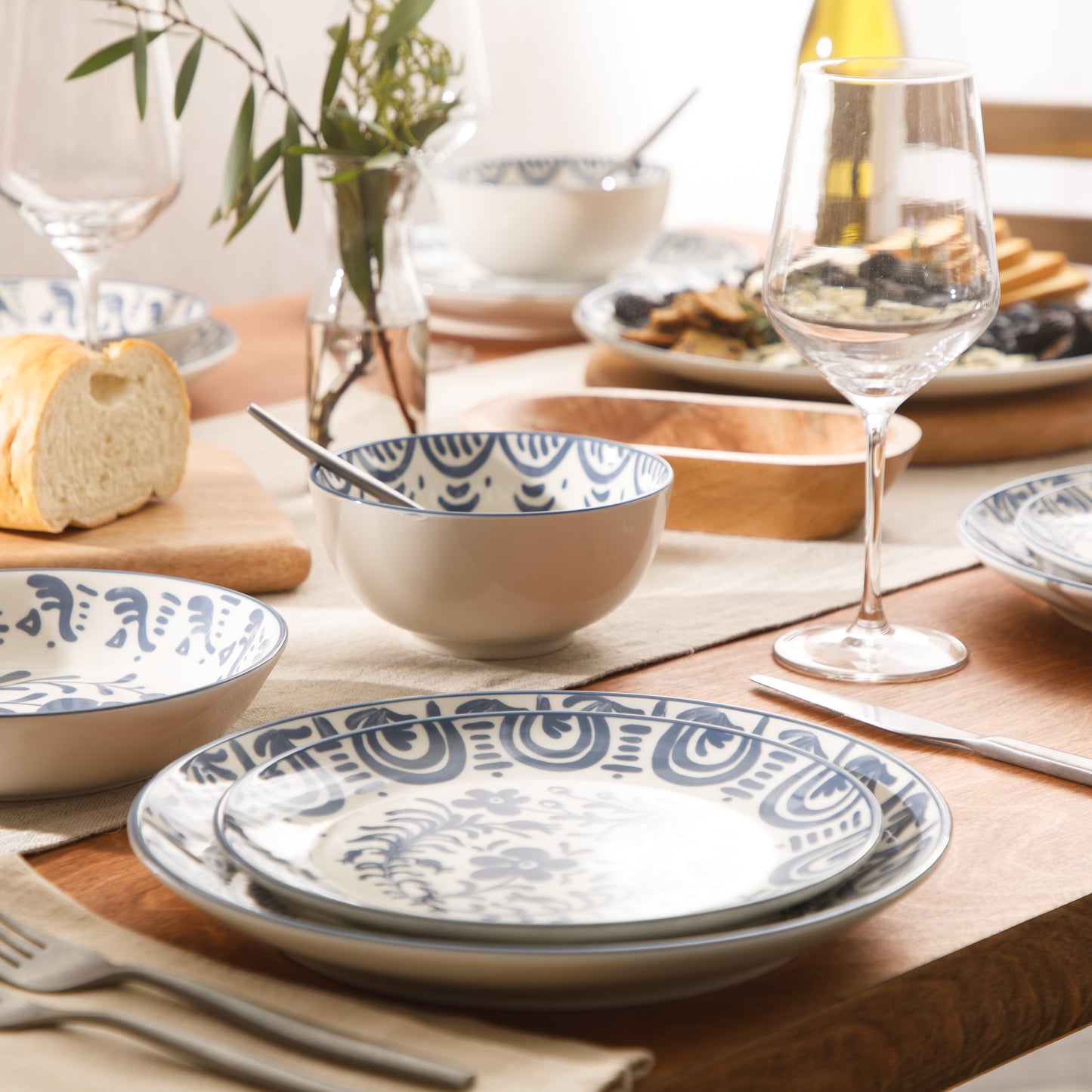 Bloomhouse - 2-Time Oprah’s Favorite Things - Valencia Flor 16 Piece Dinnerware Set, Artisanal Decorated Stoneware Plates & Bowls, Service for 4, Microwave & Dishwasher Safe, Iris Blue