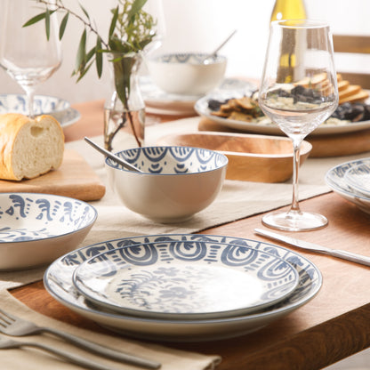 Bloomhouse - 2-Time Oprah’s Favorite Things - Valencia Flor 16 Piece Dinnerware Set, Artisanal Decorated Stoneware Plates & Bowls, Service for 4, Microwave & Dishwasher Safe, Iris Blue