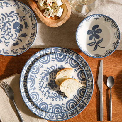 Bloomhouse - 2-Time Oprah’s Favorite Things - Valencia Flor 16 Piece Dinnerware Set, Artisanal Decorated Stoneware Plates & Bowls, Service for 4, Microwave & Dishwasher Safe, Iris Blue