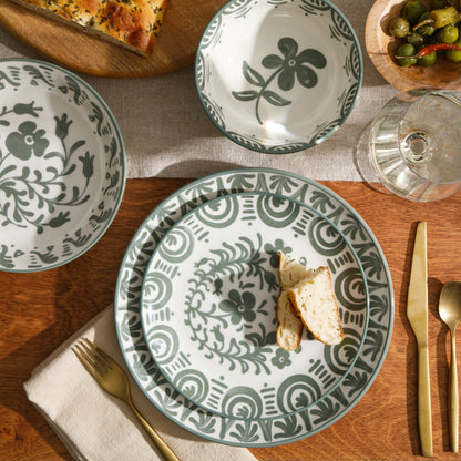 Bloomhouse - 2-Time Oprah’s Favorite Things - Valencia Flor 16 Piece Dinnerware Set, Artisanal Decorated Stoneware Plates & Bowls, Service for 4, Microwave & Dishwasher Safe, Iris Blue