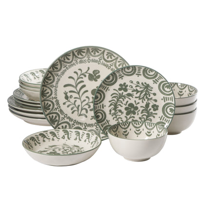 Bloomhouse - 2-Time Oprah’s Favorite Things - Valencia Flor 16 Piece Dinnerware Set, Artisanal Decorated Stoneware Plates & Bowls, Service for 4, Microwave & Dishwasher Safe, Iris Blue