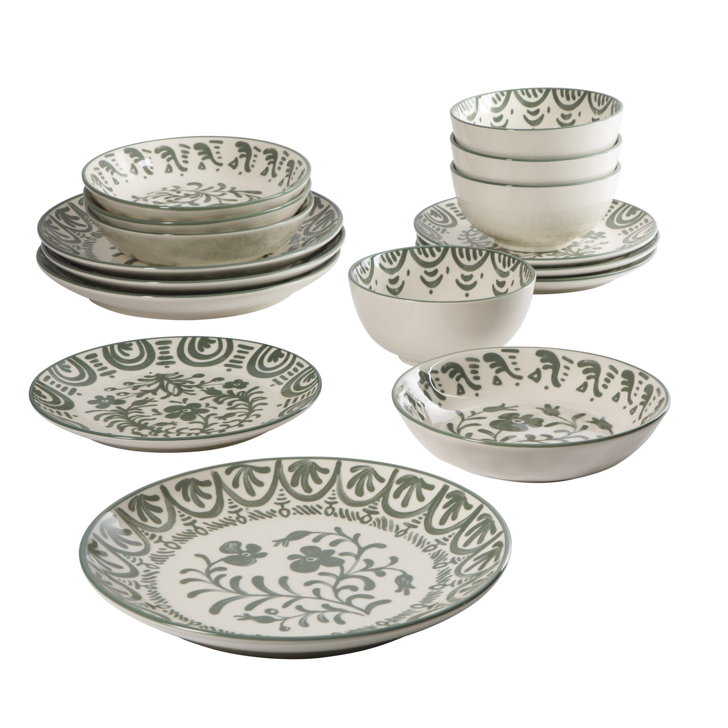Bloomhouse - 2-Time Oprah’s Favorite Things - Valencia Flor 16 Piece Dinnerware Set, Artisanal Decorated Stoneware Plates & Bowls, Service for 4, Microwave & Dishwasher Safe, Iris Blue