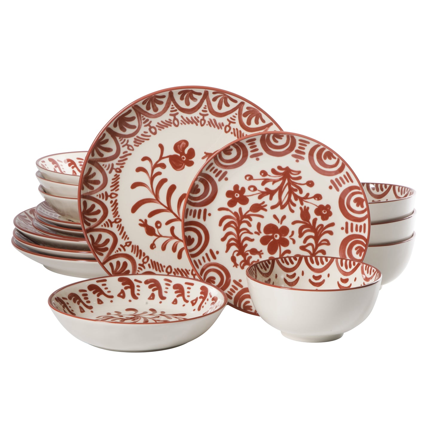 Bloomhouse - 2-Time Oprah’s Favorite Things - Valencia Flor 16 Piece Dinnerware Set, Artisanal Decorated Stoneware Plates & Bowls, Service for 4, Microwave & Dishwasher Safe, Iris Blue