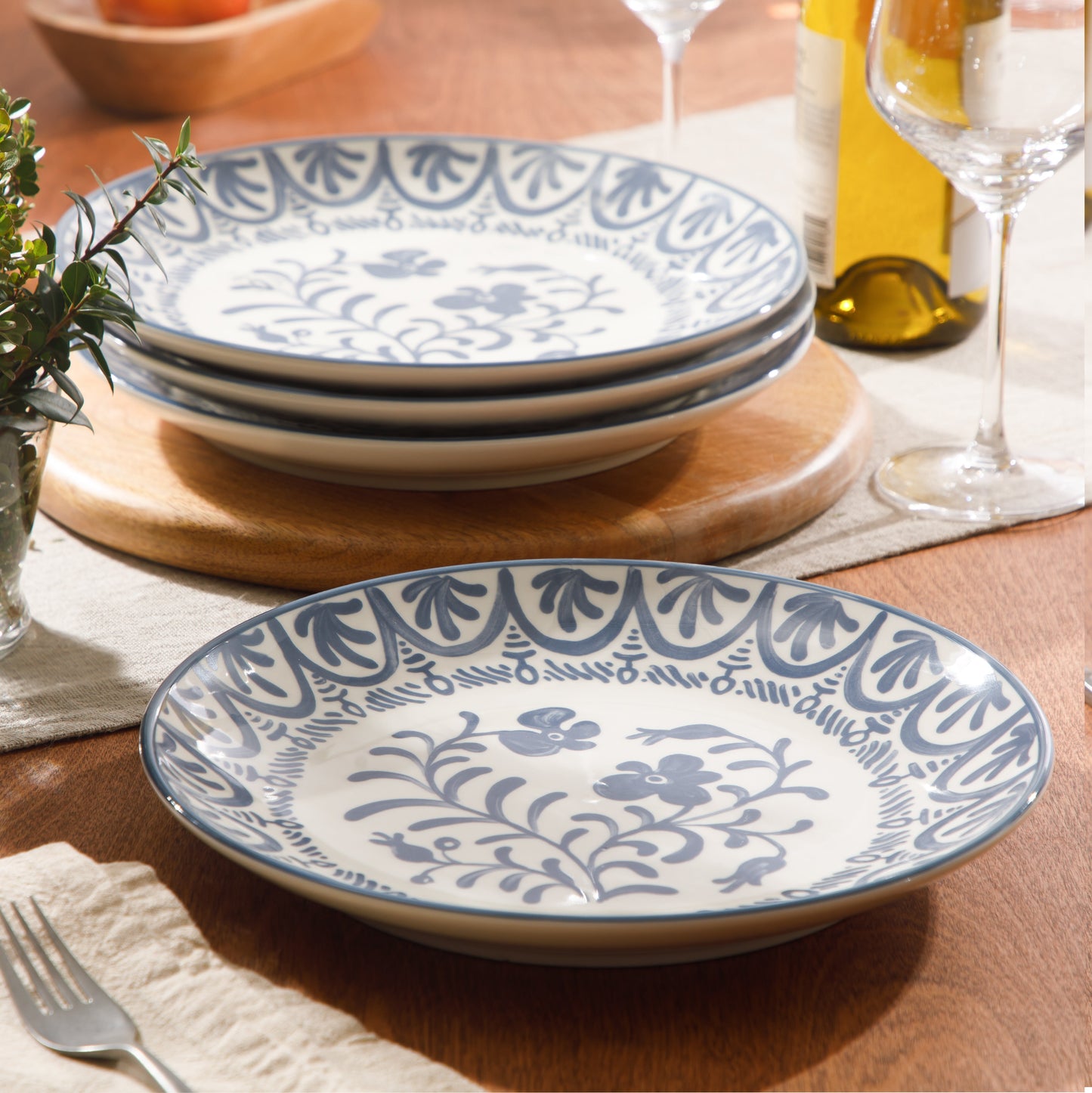Bloomhouse - 2-Time Oprah’s Favorite Things - Valencia Flor 4 Piece 10.75” Dinner Plate Set, Stoneware Plates, Mediterranean Floral Decal Design, Microwave & Dishwasher Safe
