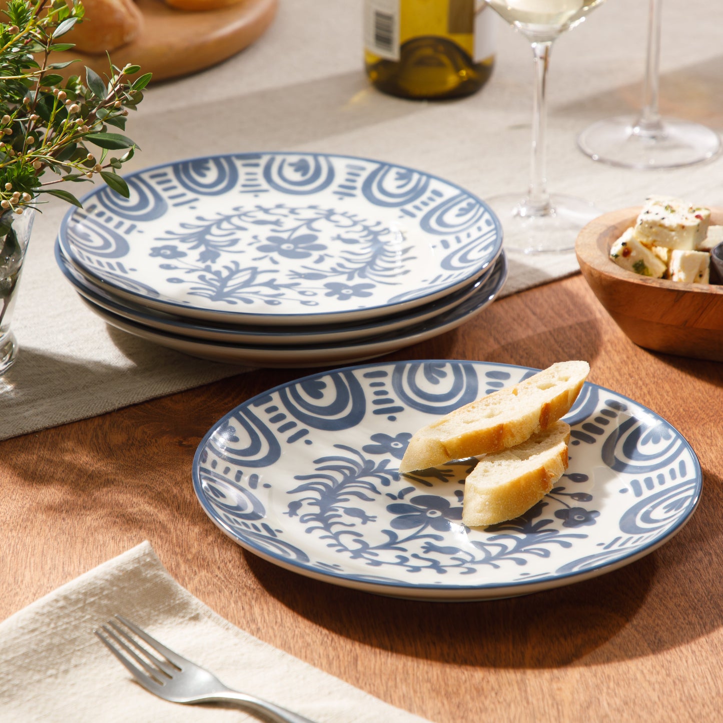 Bloomhouse - 2-Time Oprah’s Favorite Things - Valencia Flor 4 Piece Dessert & Salad Plate Set, 8.75” Stoneware Plates, Mediterranean Floral Decal Design, Microwave & Dishwasher Safe